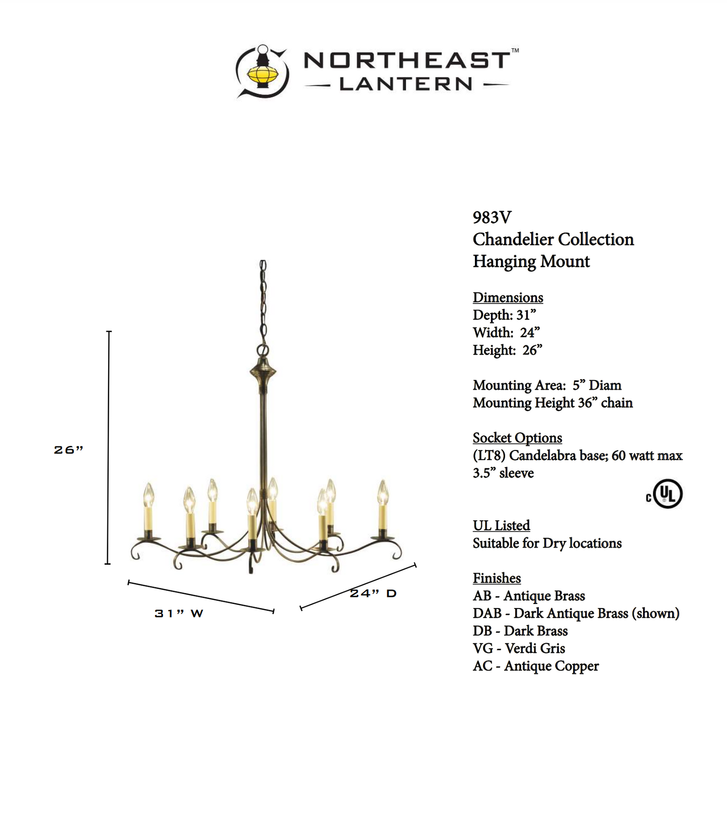 Chandelier Hanging Oval S Arms with Curl 983V