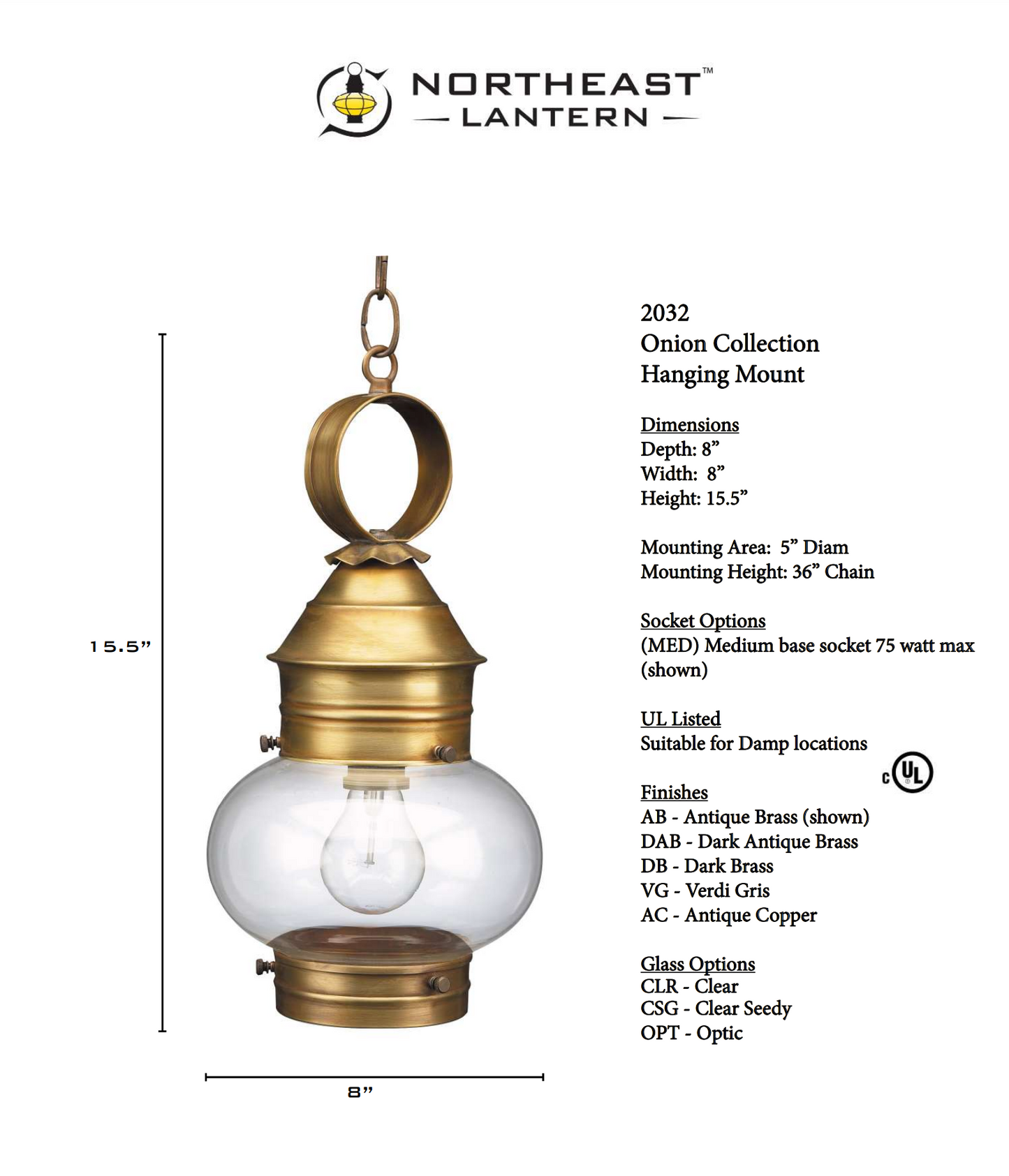 Onion Outdoor Hanging Lantern with No Cage 2032