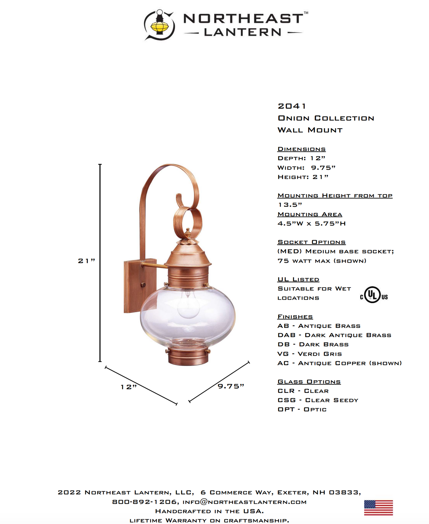 Onion Outdoor Large Wall Lantern with No Cage 2041