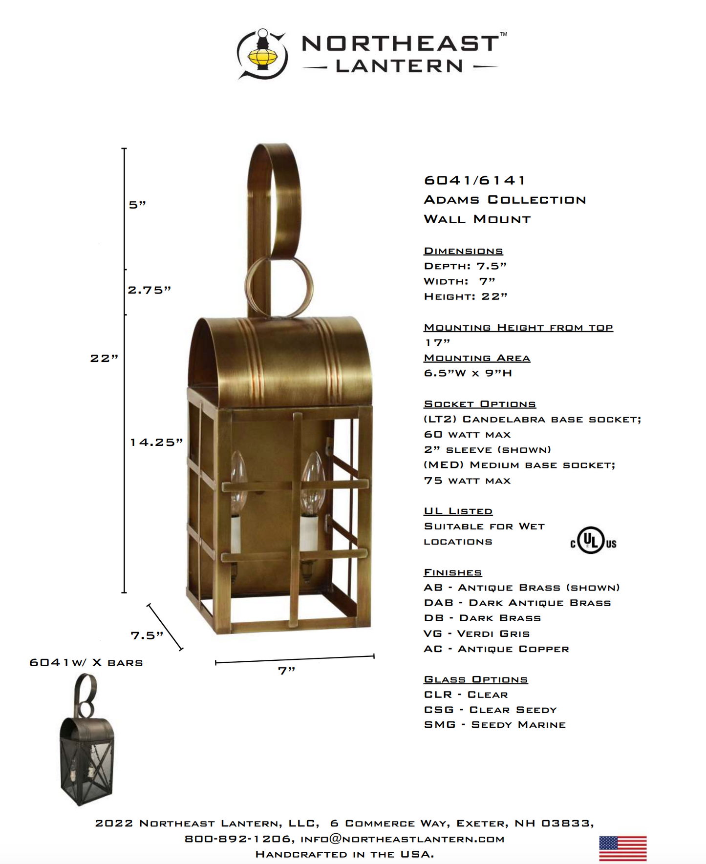 Adams Outdoor Wall Lantern with X-Bar 6041