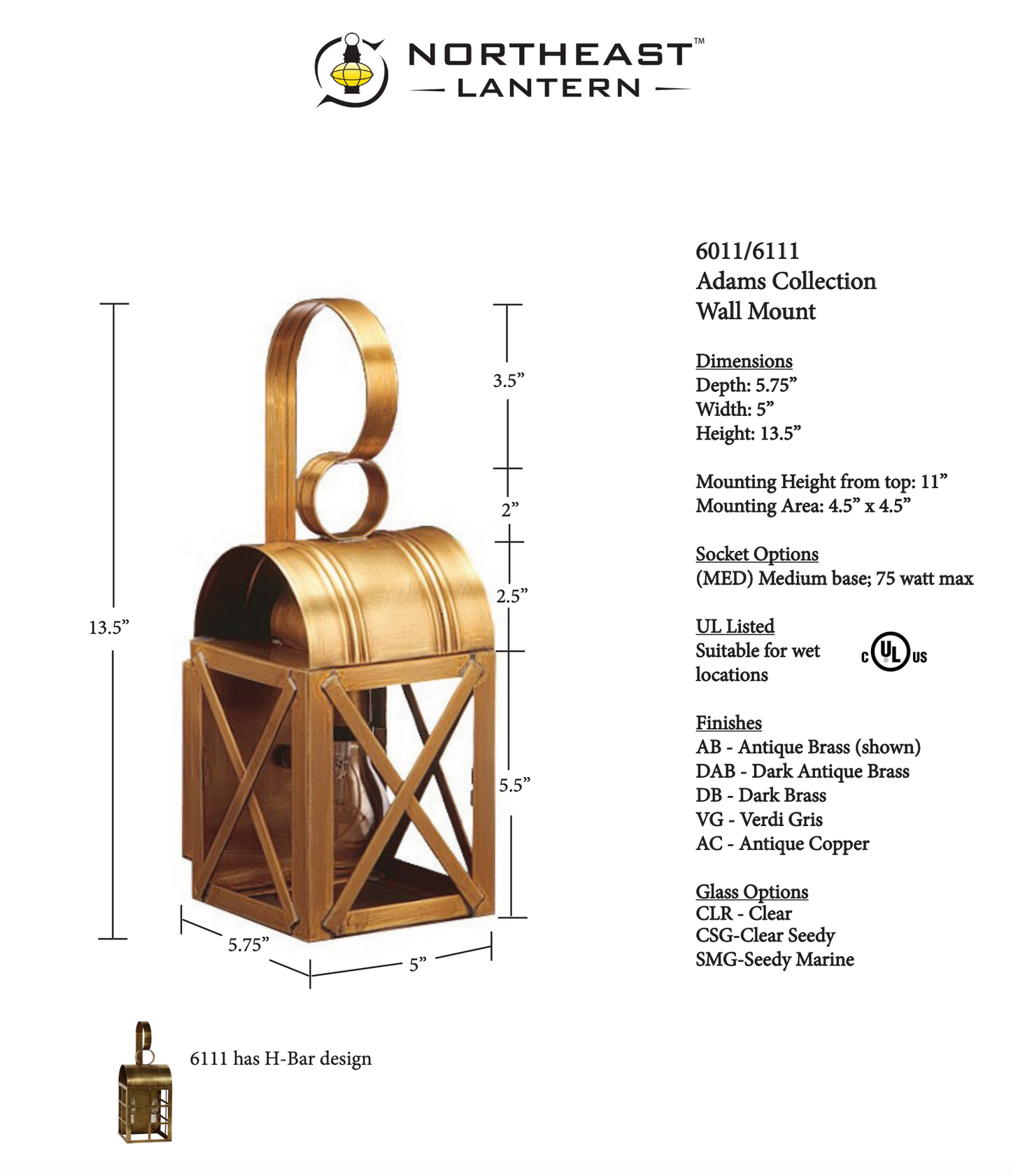 Adams Culvert Top H Bars Outdoor Wall Lantern 6111