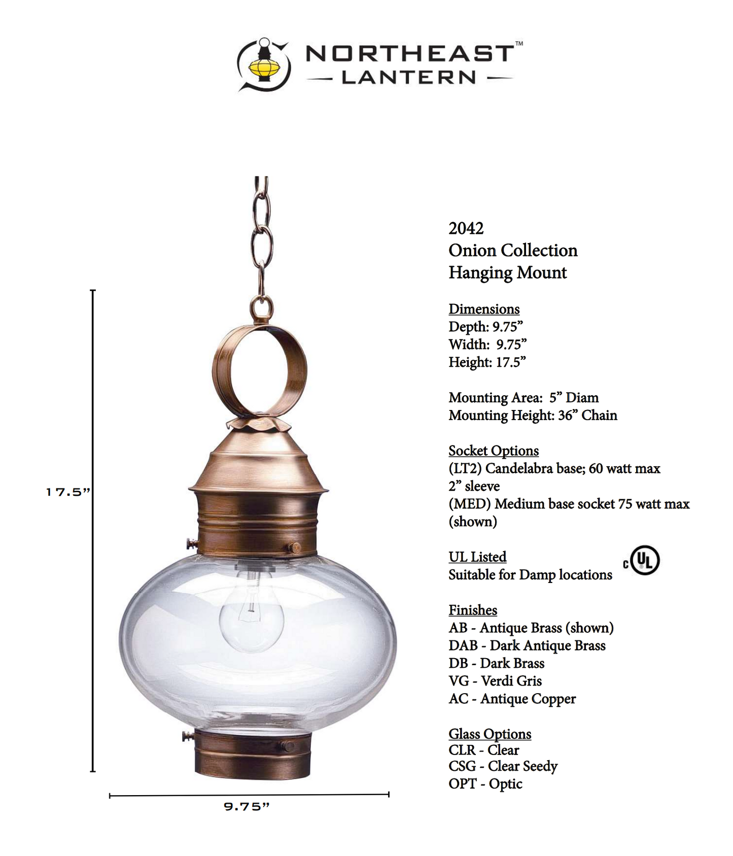 Onion Outdoor Hanging Lantern with No Cage 2042