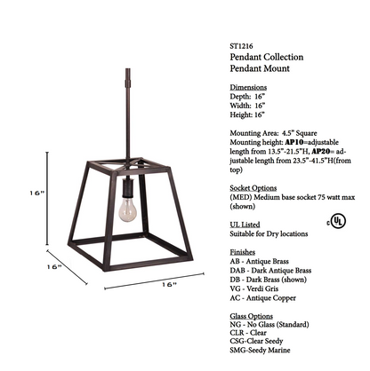 Transitional Square Trapezoid Hanging Indoor Lantern ST1216