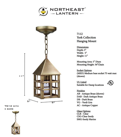 York Pyramid Top X Bars Outdoor Hanging Lantern 7012