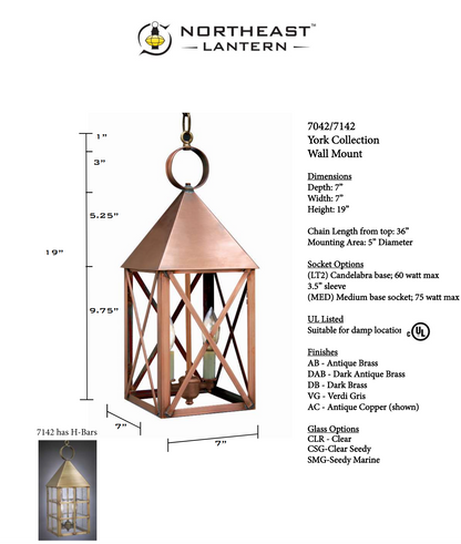 York Pyramid Top X Bars Outdoor Hanging Lantern 7042
