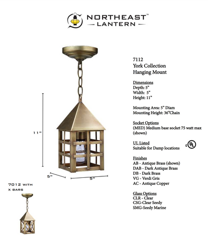 York Pyramind Top H Bars Outdoor Hanging Lantern 7132