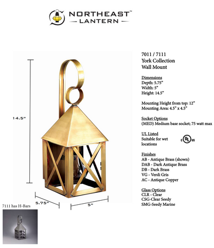 York Pyramind Top H Bars Outdoor Wall Lantern 7111