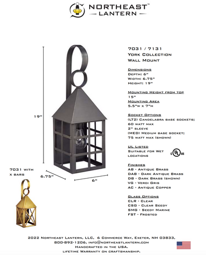 York Medium Pyramid Top X Bars Outdoor Wall Lantern 7031