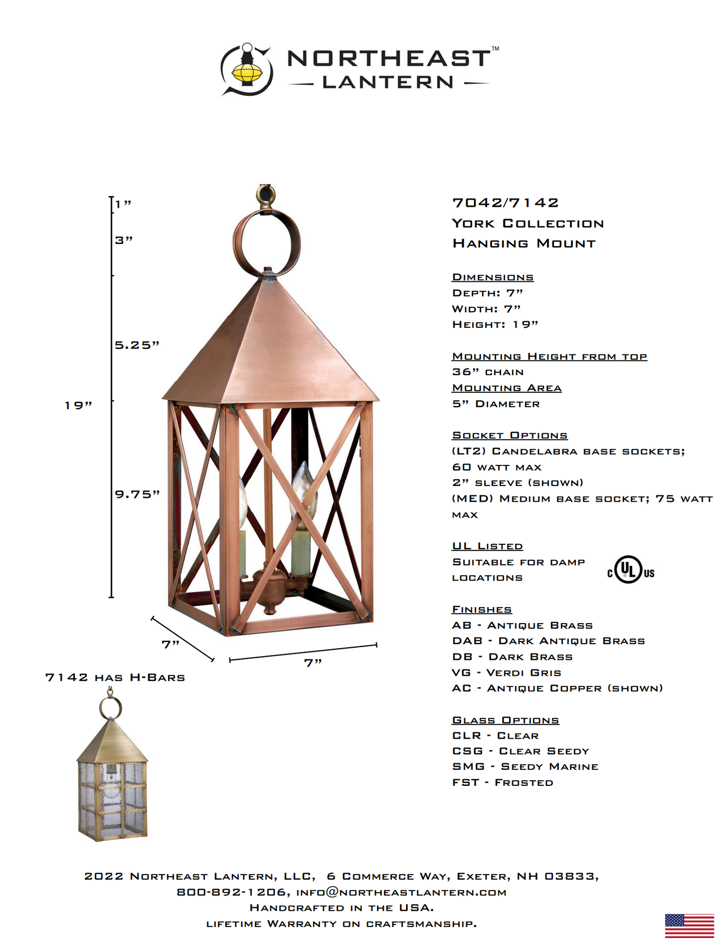 York Pyramind Top H Bars Outdoor Hanging Lantern 7142