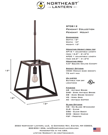 Transitional Square Trapezoid Hanging Indoor Lantern ST0812