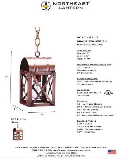 Adams Culvert Top H Bars Outdoor Hanging Lantern 6112