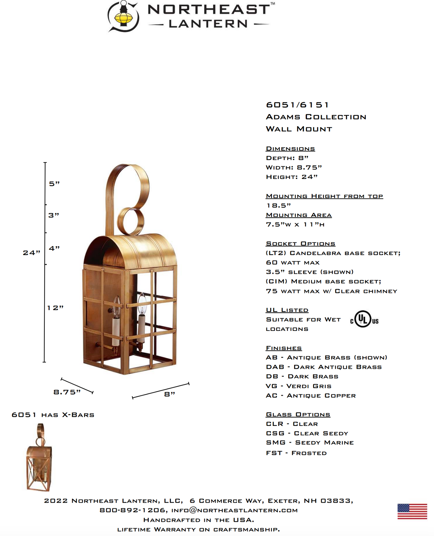 Adams Outdoor Wall Lantern with X-Bar 6051